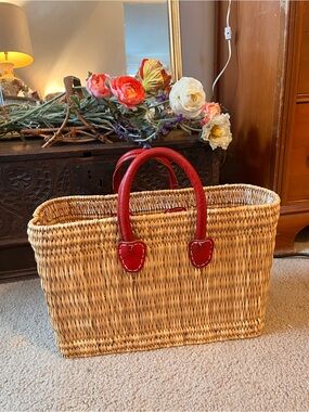 Woven Straw Tote with Red Leather Handles